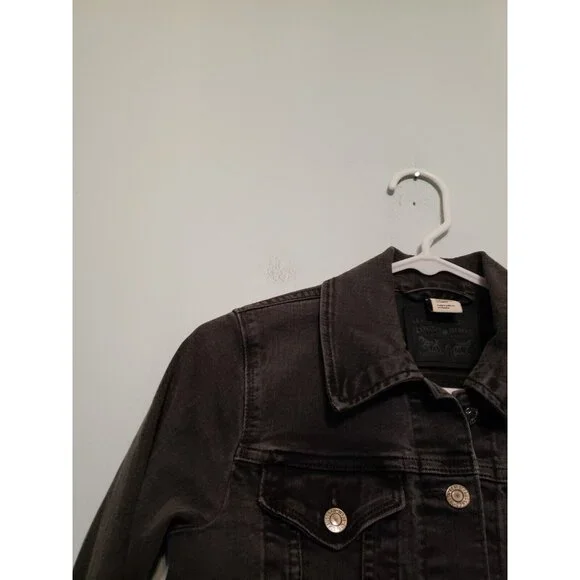 Levi Strauss Juniors XS Denim Jacket Black Charcoal Button Front Cropped Stretch - Picture 4 of 6